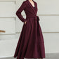 Burgundy Wool Wrap Midi Dress — Elegant Tie‑Waist A‑Line for Office 6512