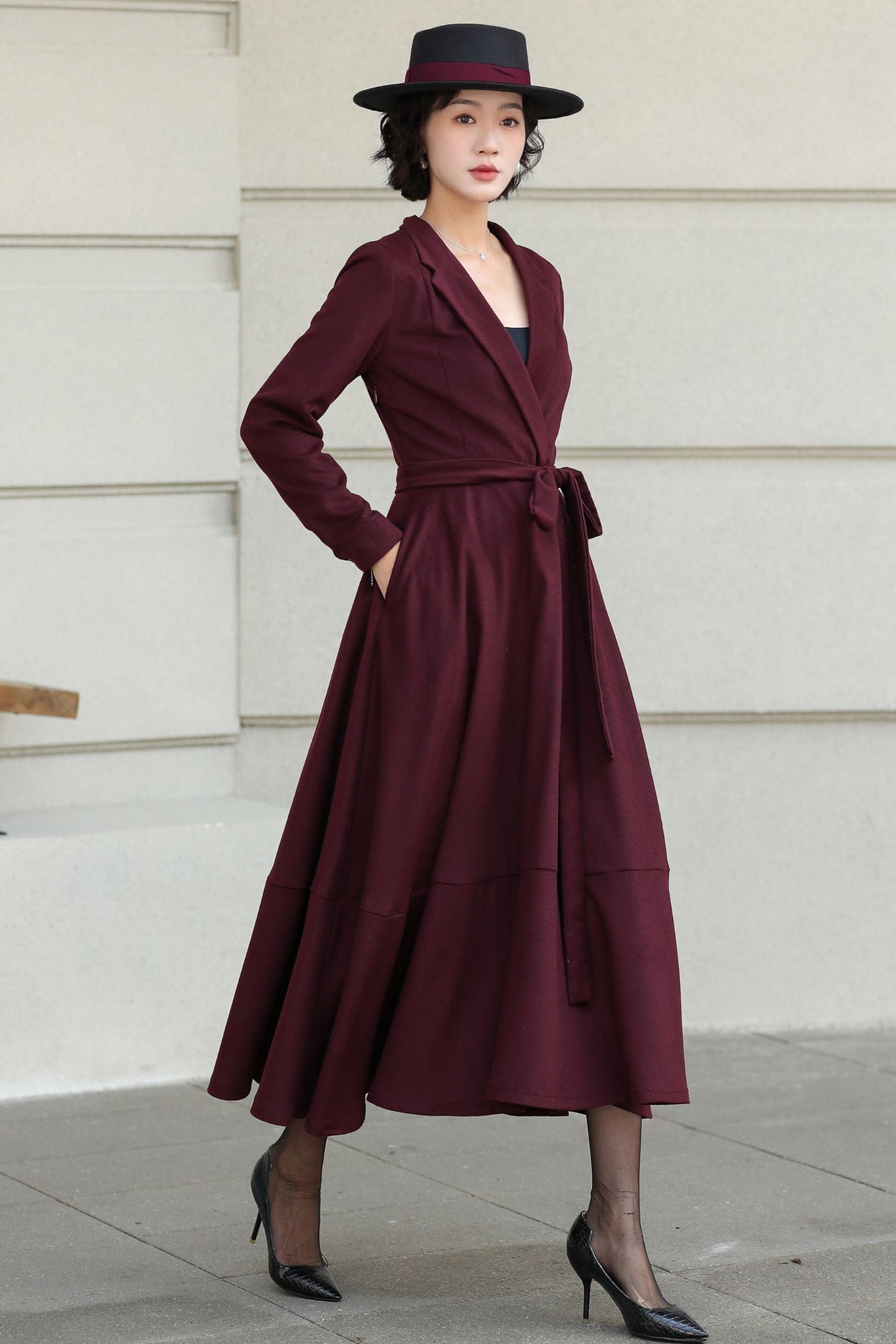 Burgundy Wool Wrap Midi Dress — Elegant Tie‑Waist A‑Line for Office 6512