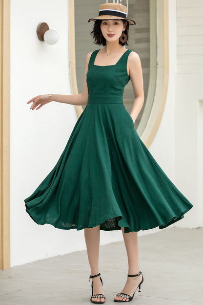 Green Linen Cotton Midi Dress - A-Line Square Neck Pockets | Xiaolizi 5860