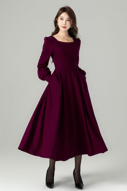 Vintage Wool Midi Dress – Dark Green A-Line Silhouette – 5236