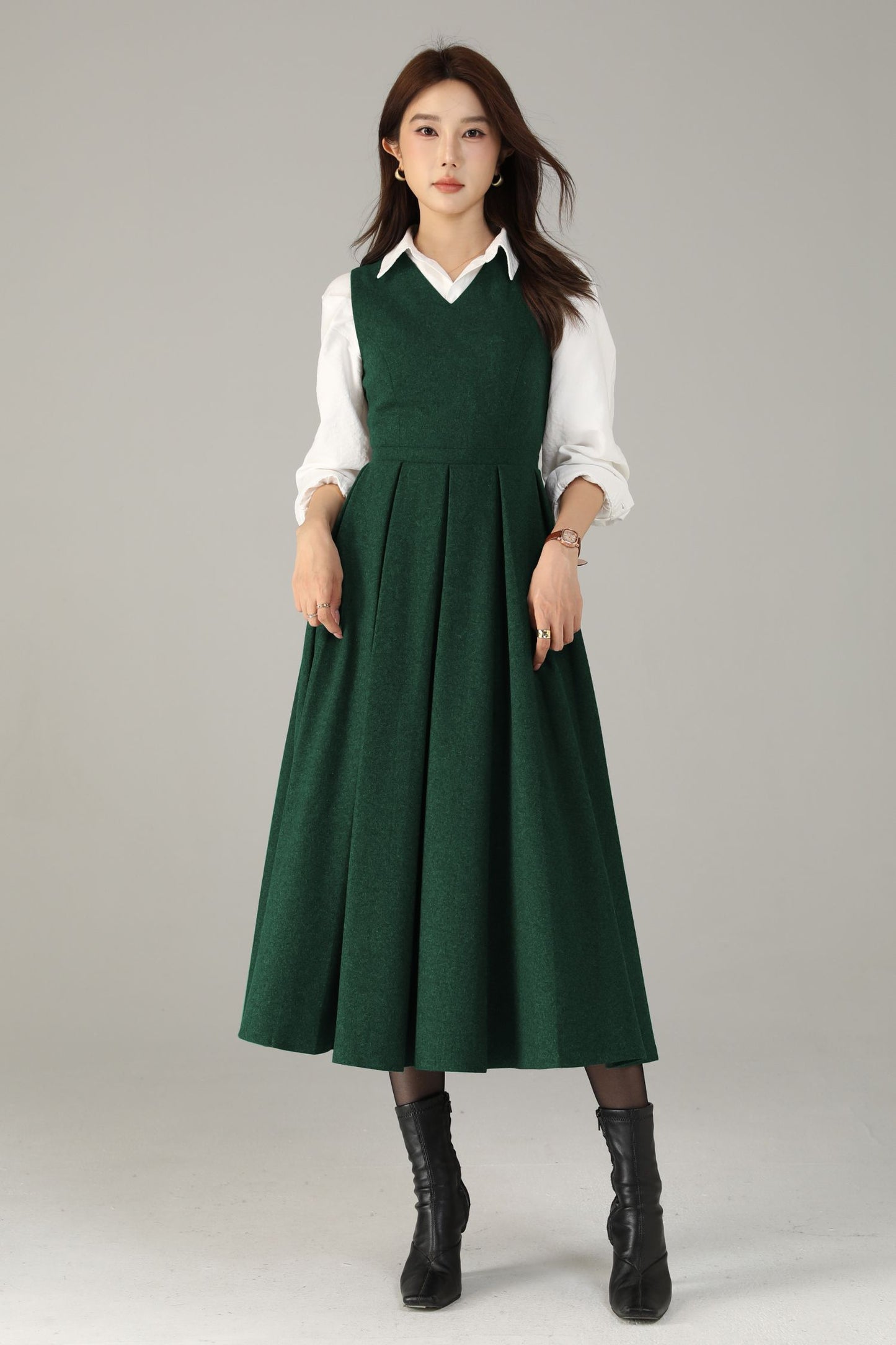 Dark Green Wool Midi Dress – Sleeveless V-Neck A-Line Winter Dress | Xiaolizi 6591