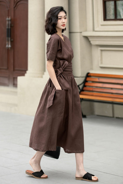 Fit and flare brown midi linen dress 4957