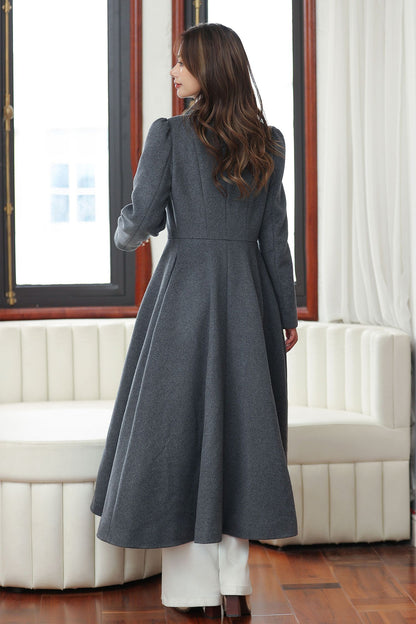 Dark Gray Wool Long Coat – Vintage A-Line Winter Overcoat with Pockets 4027