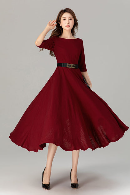 Burgundy Linen Midi Dress – Handmade Romantic Fit & Flare Summer Dress with Pockets | Xiaolizi 4908