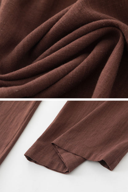 Brown Linen Cotton Wide Leg Pants - Fabric Belted Waist 5700