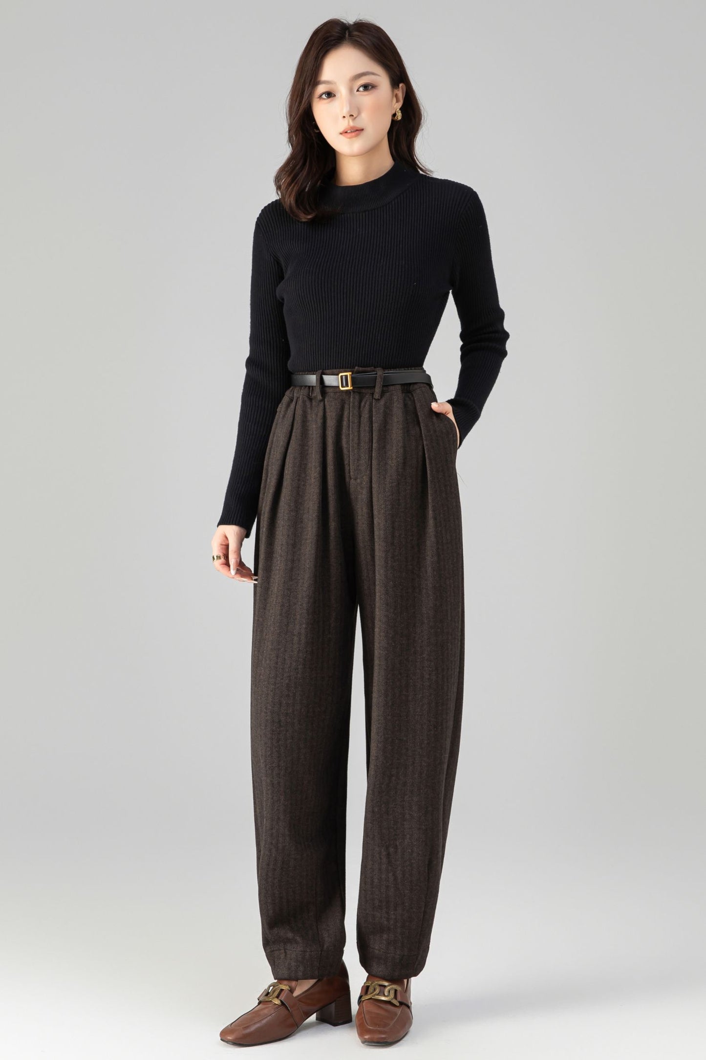 Brown Wool Wide Leg Pants - Loose Fit, Warm Winter Style 6462