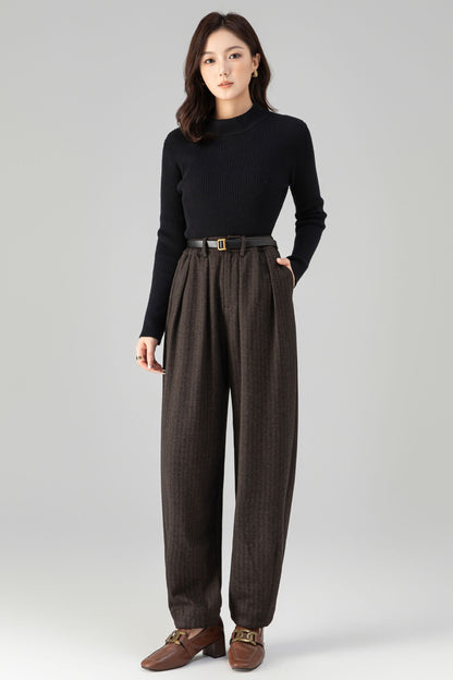 Brown Wool Wide Leg Pants - Loose Fit, Warm Winter Style 6462