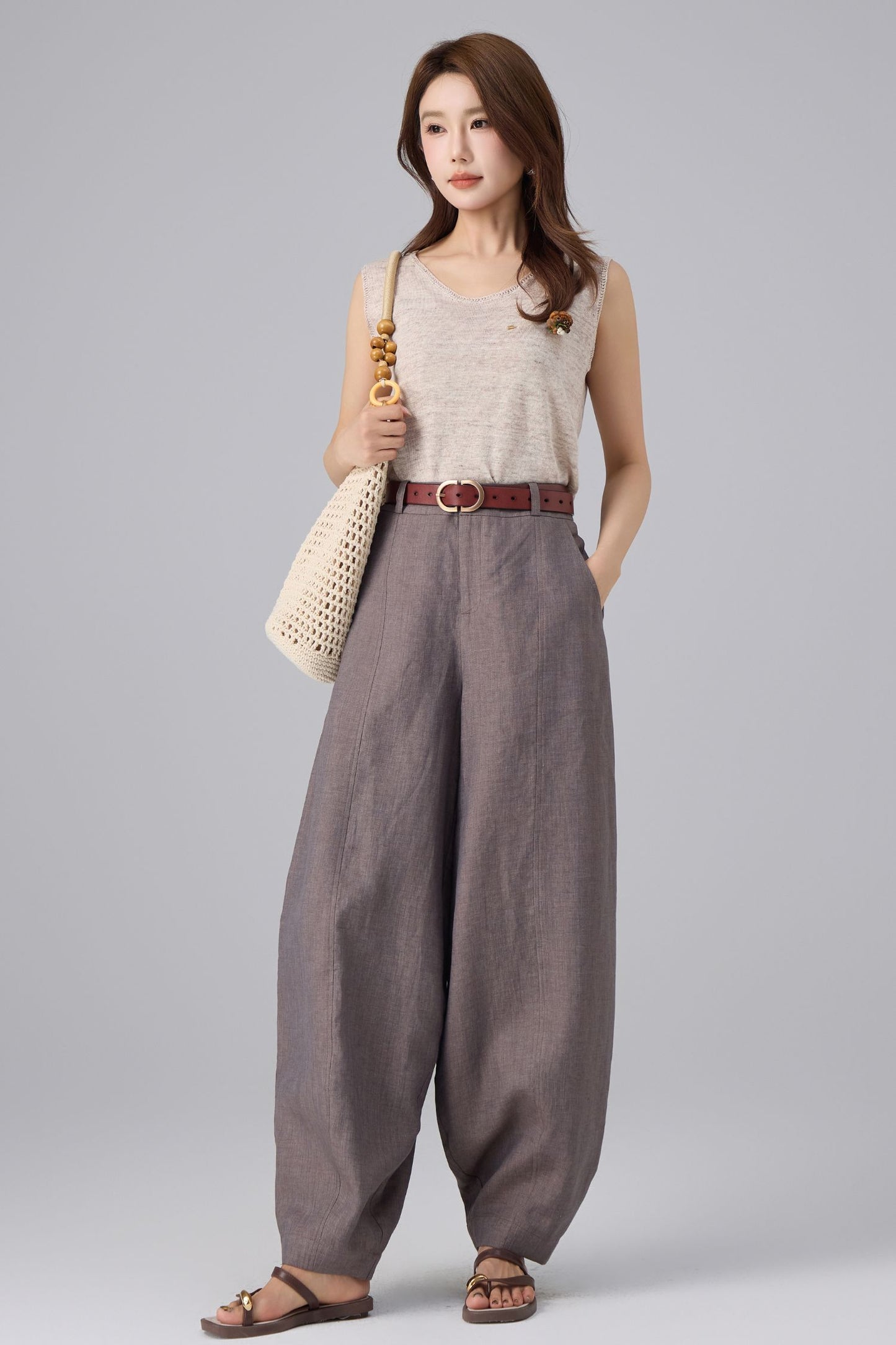 Charcoal Linen Pants - High Waist Lantern | Xiaolizi 6758