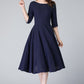 Handmade Navy Linen Cotton Midi Dress – Fit & Flare with Pockets 6656