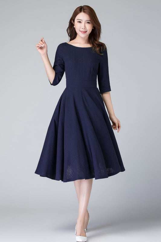 Handmade Navy Linen Cotton Midi Dress – Fit & Flare with Pockets 6656