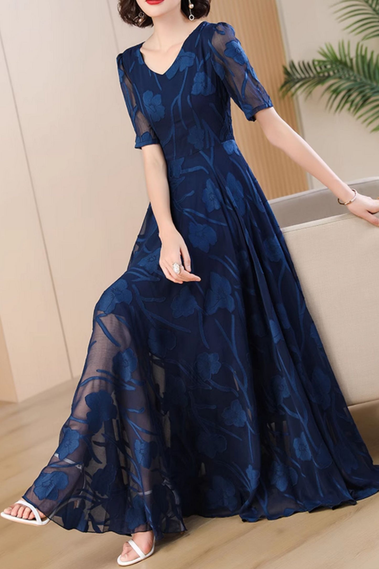 Dark blue floral maxi prom summer chiffon dress 5051