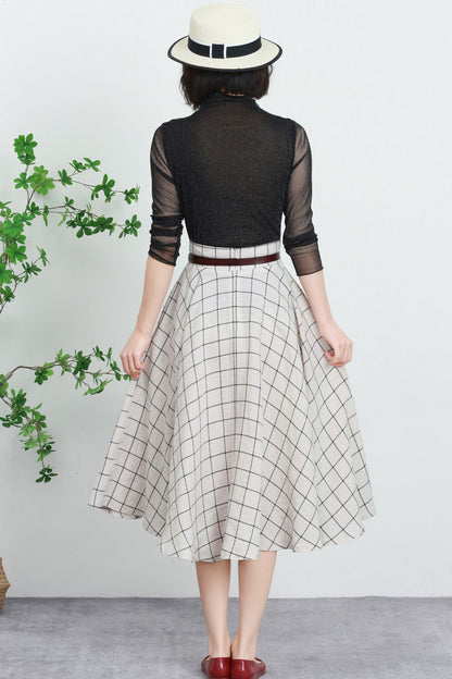 Plaid Linen Midi Skirt - High Waist Circle Swing Tartan | Xiaolizi 5738