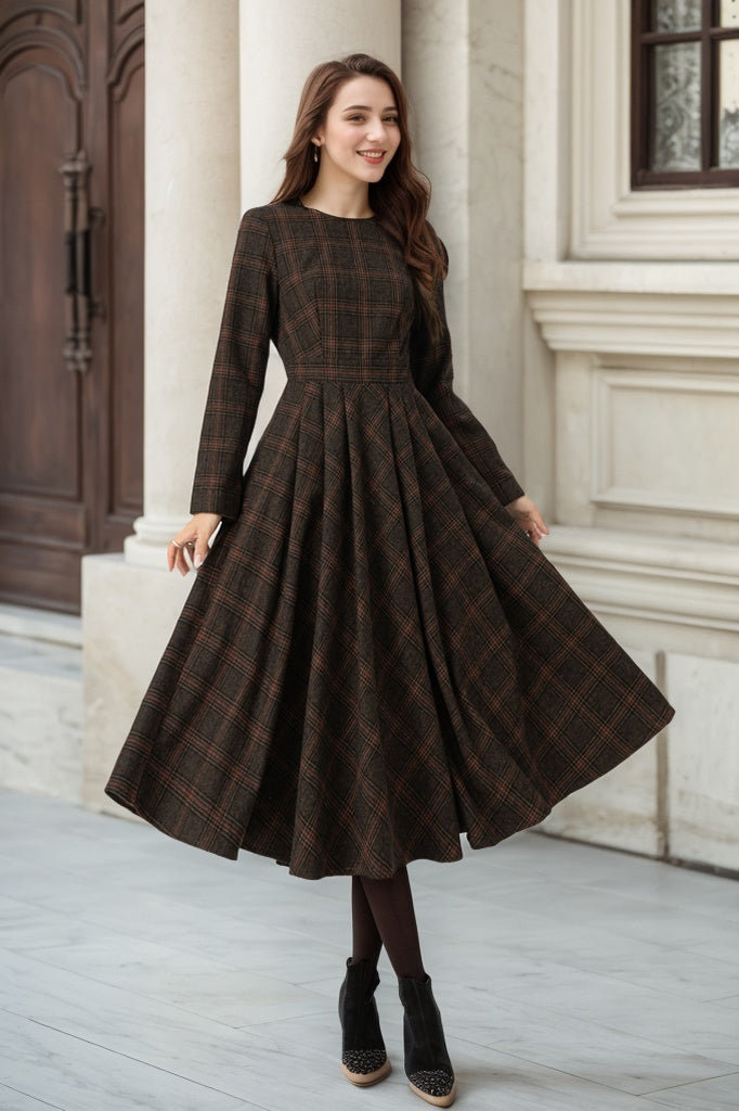 Plaid Wool Midi Dress with A-Line Pleated Skirt for Timeless Fall Style – Xiaolizi