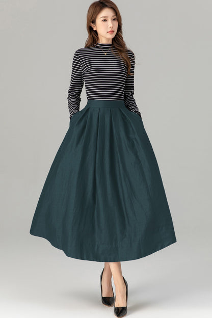 Dark Green Linen Midi Skirt - Pleated A-Line with Pockets 5724
