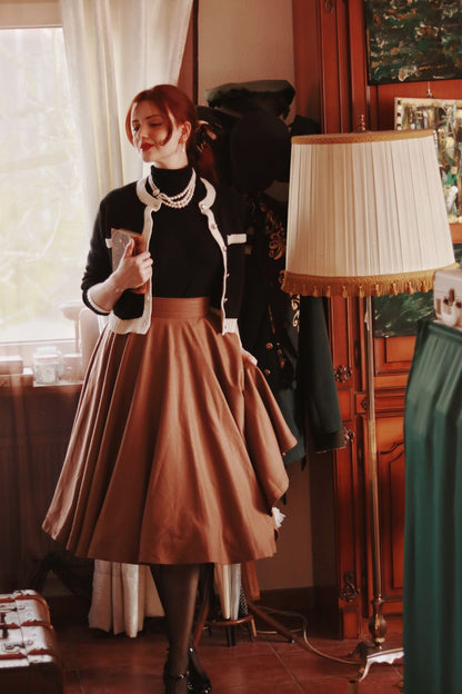 Brown Wool Circle Skirt - High Waist Pleated Winter Elegance 4836