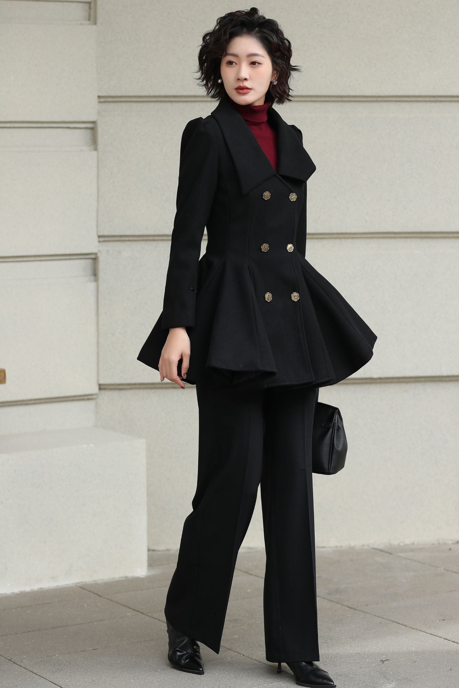 Handmade Burgundy Wool Coat Women – Peplum Double-Breasted Winter