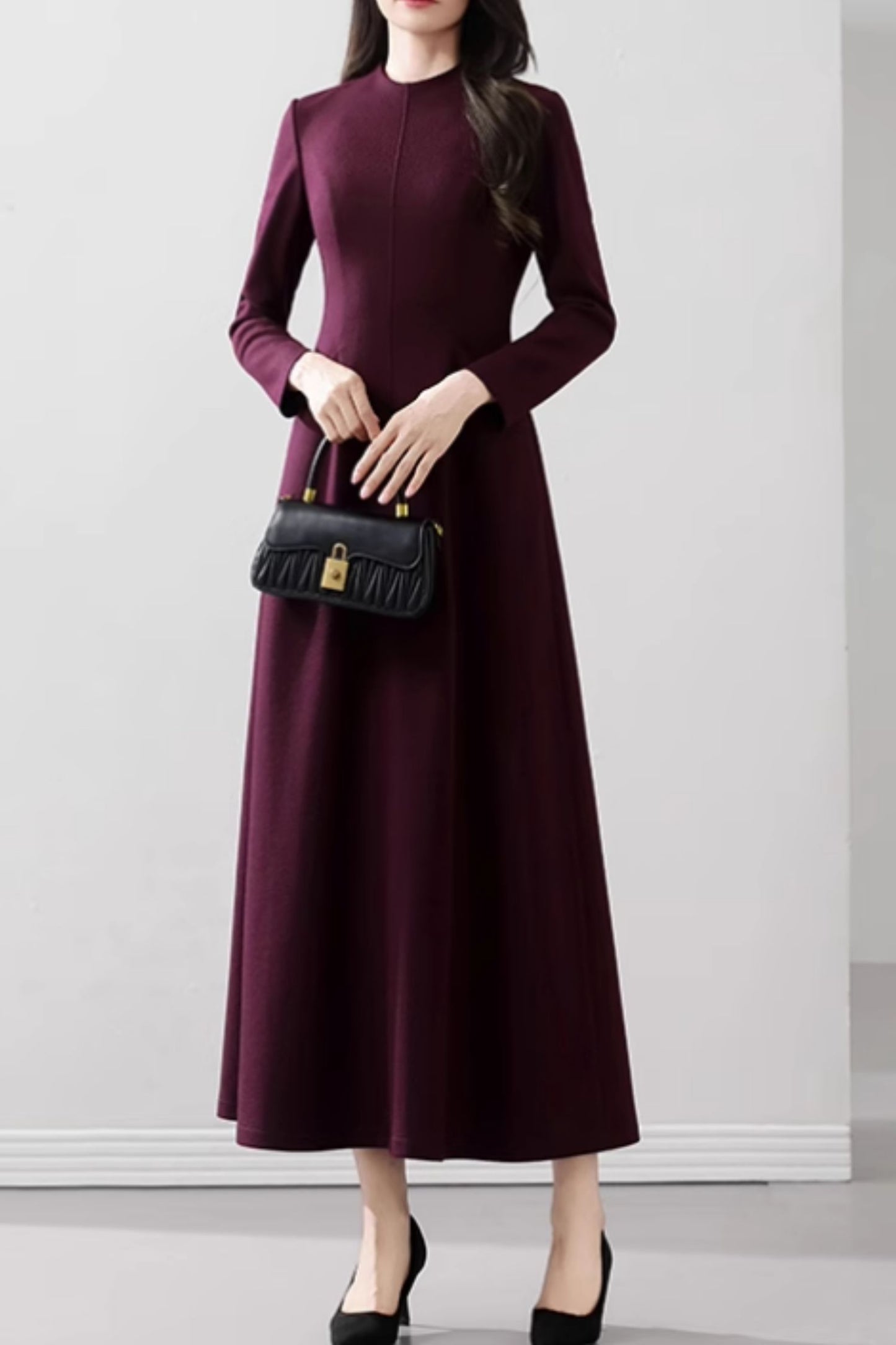 Dark purple maxi long wool dress women 5537