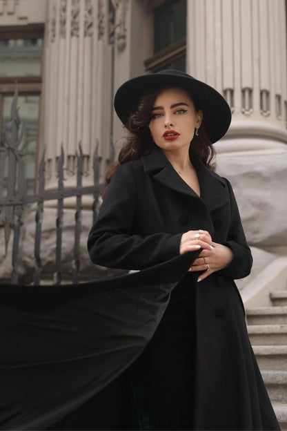 Black Wool Maxi Coat – Vintage Double Breasted Long Winter Overcoat  2743