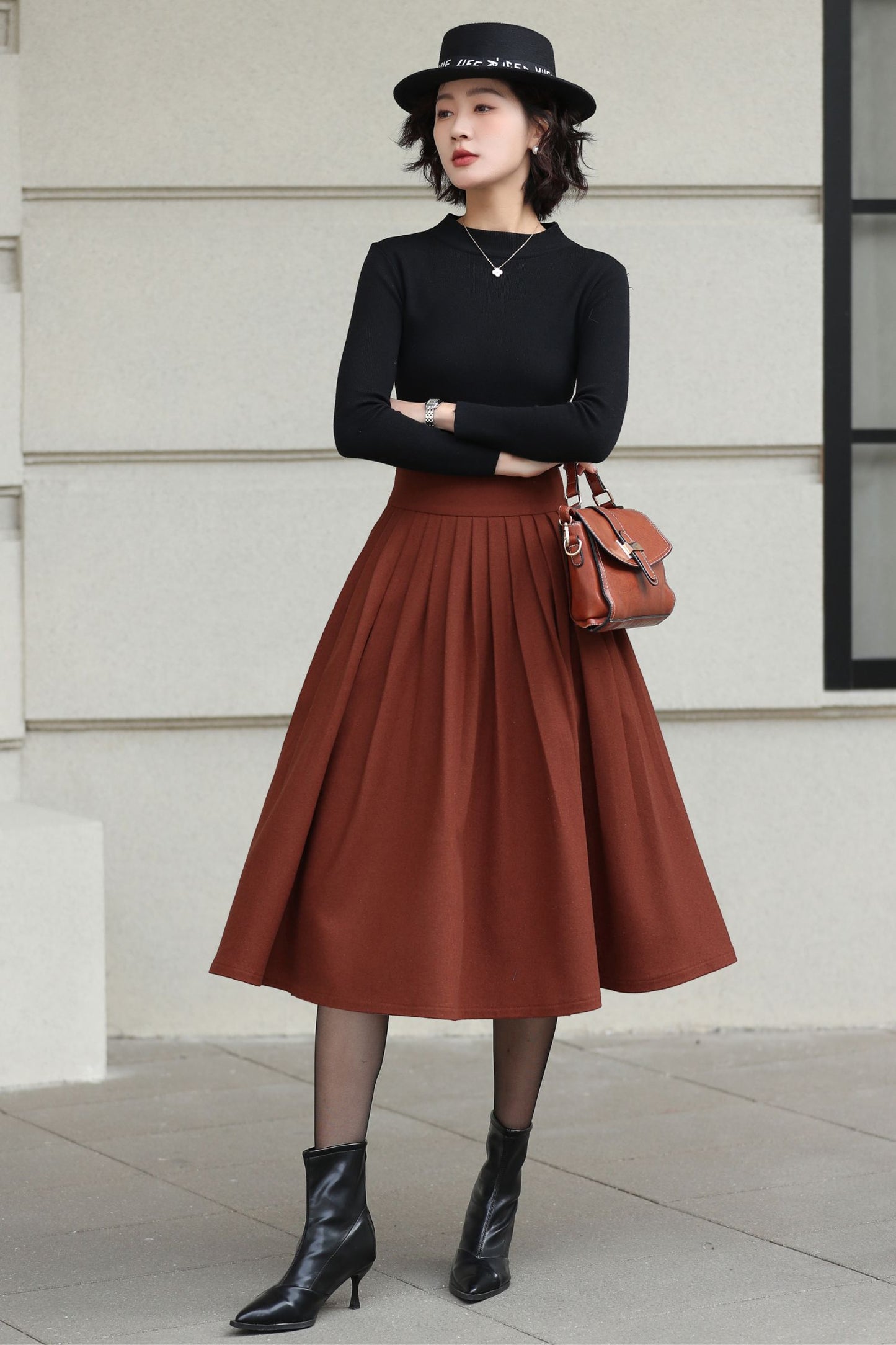Xiaolizi Rust Brown Wool Midi Skirt for Women – Handmade High-Waist A-Line Winter Skirt 6608