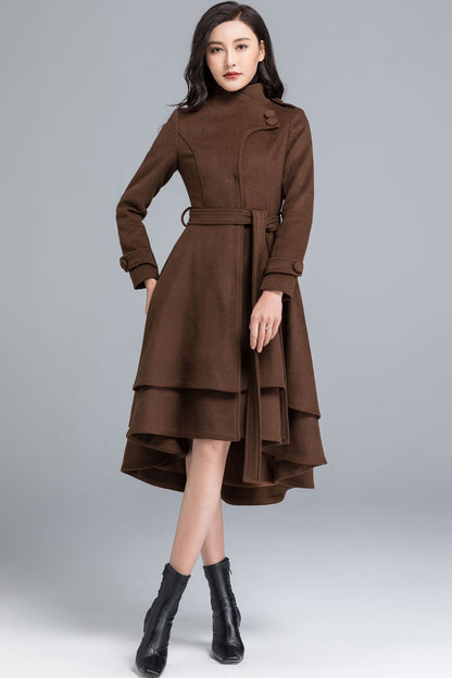 Brown Wool Coat - Asymmetrical Tiered Hem with Self Tie Belt c2491