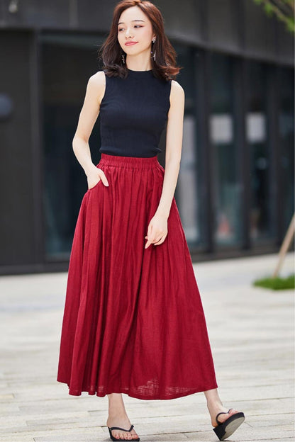 Red Linen Cotton Maxi Skirt - Pleated Pockets Flared | Xiaolizi 2176