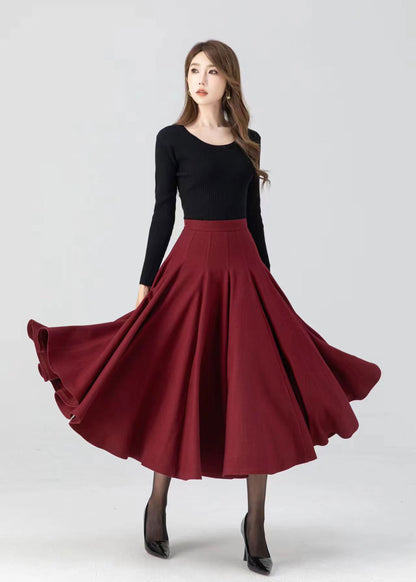 Women's Red Wool Swing Midi Skirt – Warm Winter Pleated High Waist Skirt | Xiaolizi 4782