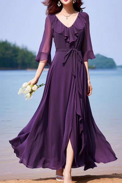 Purple maxi prom chiffon dress with ruffle details 5165