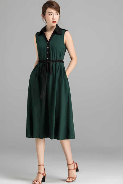 Green Linen Cotton Dress - Sleeveless Button-Down Midi | Xiaolizi 2362