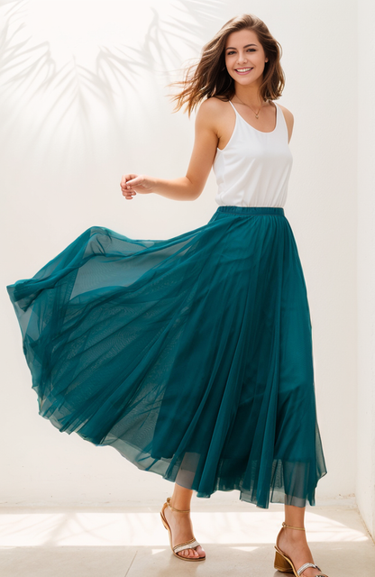 Boho Chiffon Midi Skirt, Elastic Waist Circle Skirt | Xiaolizi 4271