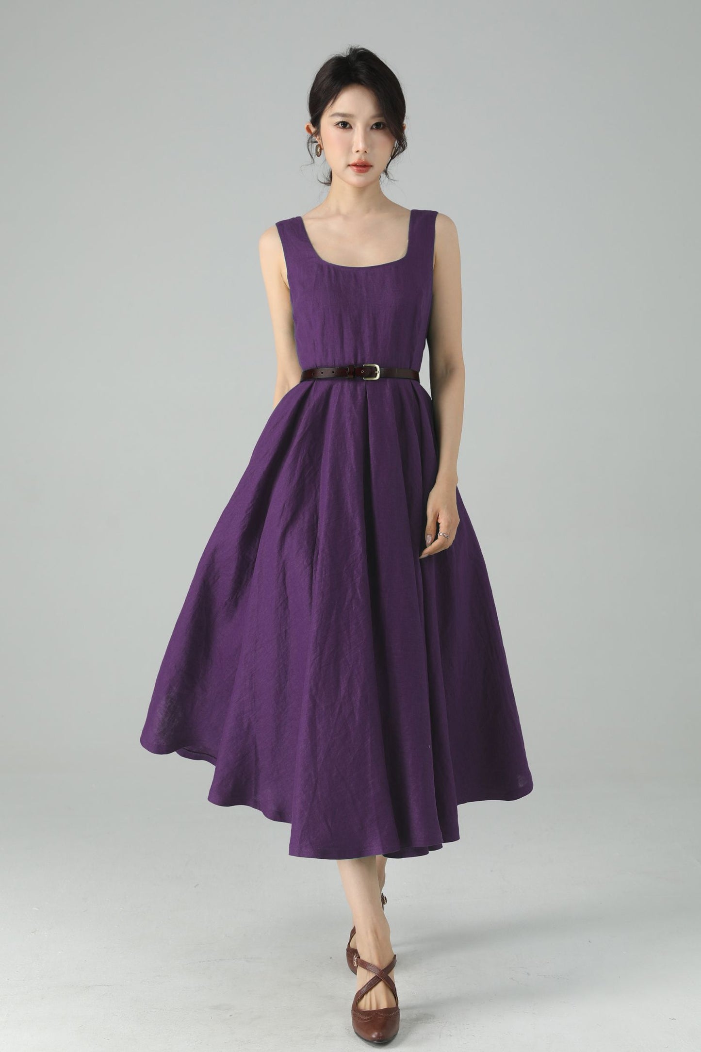 Purple Linen Midi Dress – Handmade Square Neck Fit-and-Flare Dress 6675