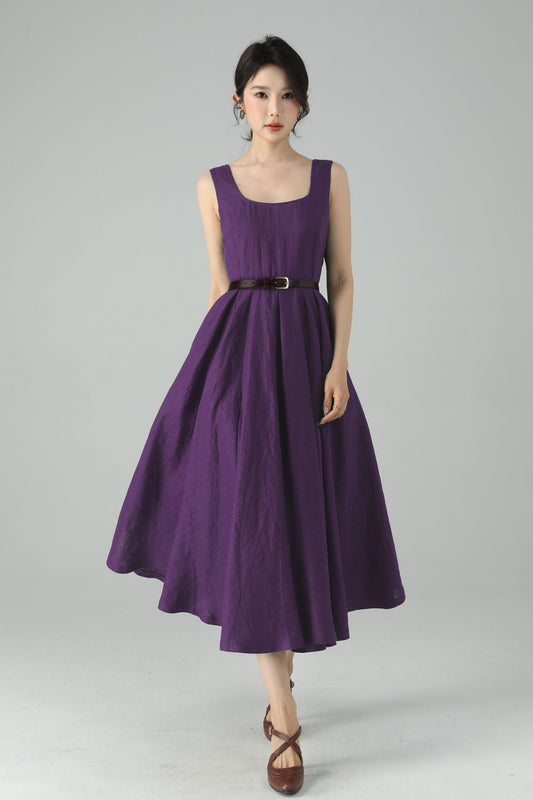 Purple Linen Midi Dress – Handmade Square Neck Fit-and-Flare Dress 6675