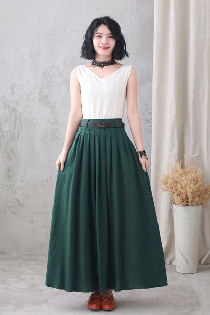 Emerald Green Linen Cotton Long Pleated Swing Skirt - High Waist with Pockets 3333