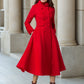 Red Fit and Flare Wool Long Winter Coat Women 1846#