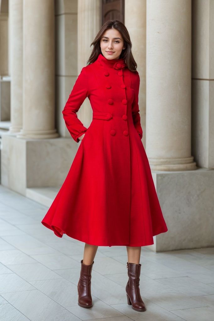 Red Fit and Flare Wool Long Winter Coat Women 1846#