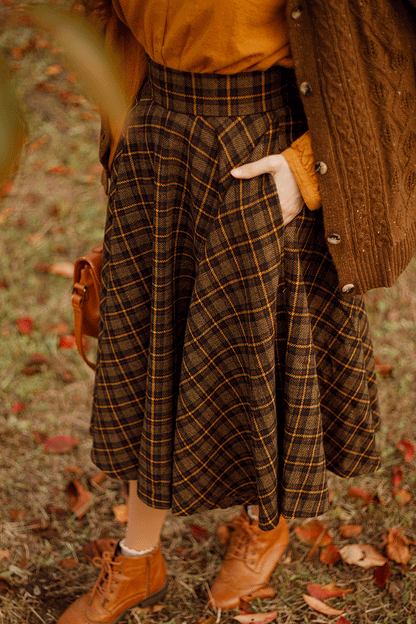 Brown Wool Midi Circle Skirt - Pleated, High Waist Elegance 4733