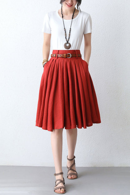 Red Linen A-Line Pleated Skirt - High Waist, Knee Length 2889