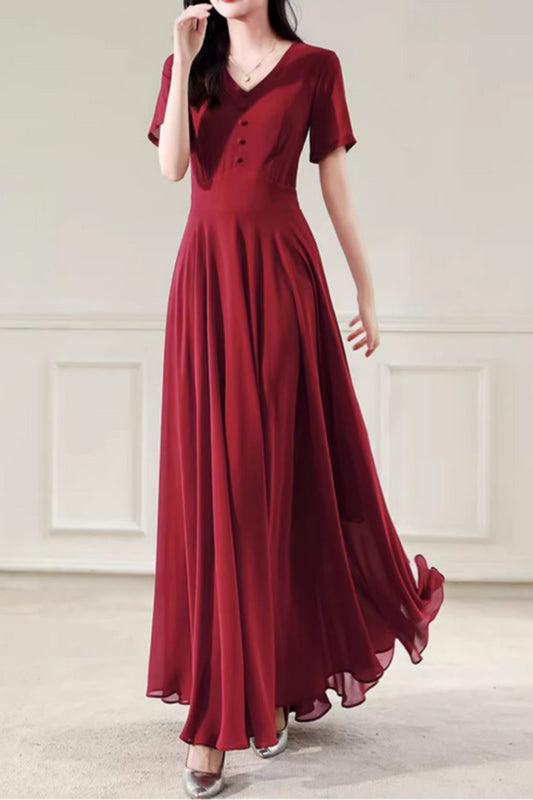 Burgundy fit and flare long chiffon dress 5101