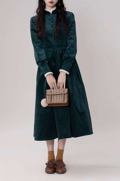 Black Corduroy Midi Dress - Lace Trim Stand Collar 4808