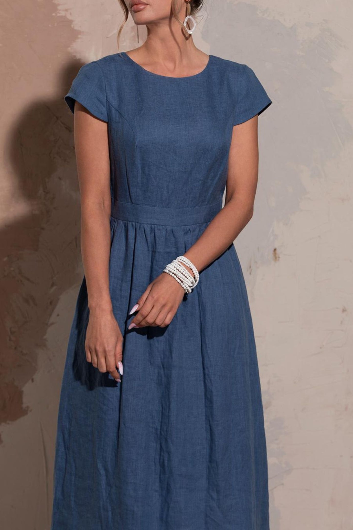 Midi blue summer linen dresses women HY0017