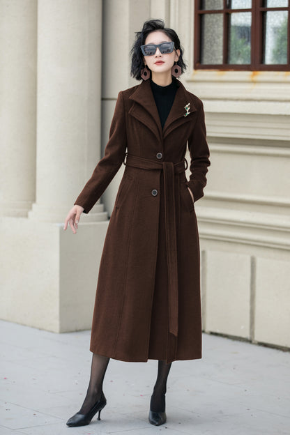 Brown Wool Midi Coat - Flared Silhouette with Fabric Belt 6306