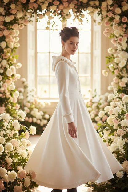 A model wearing a white swing fit and flare wool coat with a hooded neckline, long sleeves, and ruffle details on the shoulders and cuffs.