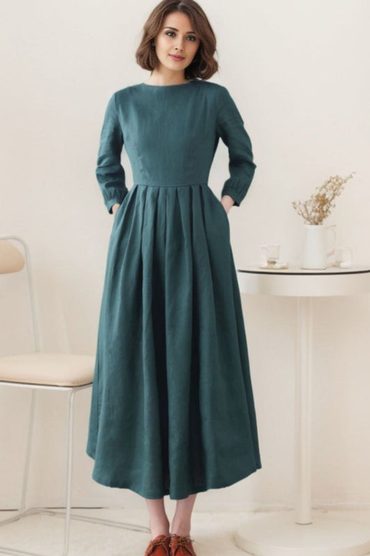 Green Linen Maxi Swing Dress - Flowy A-Line Design 5513