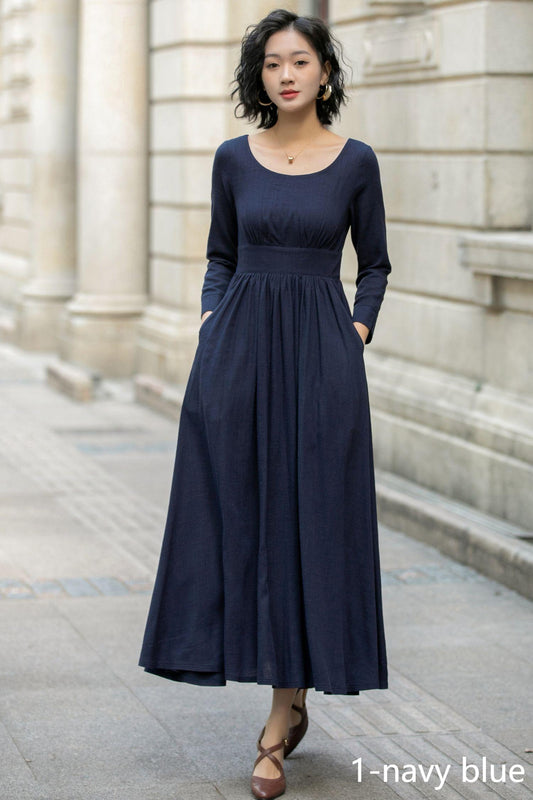 Navy Blue Maxi Linen Dress 5683