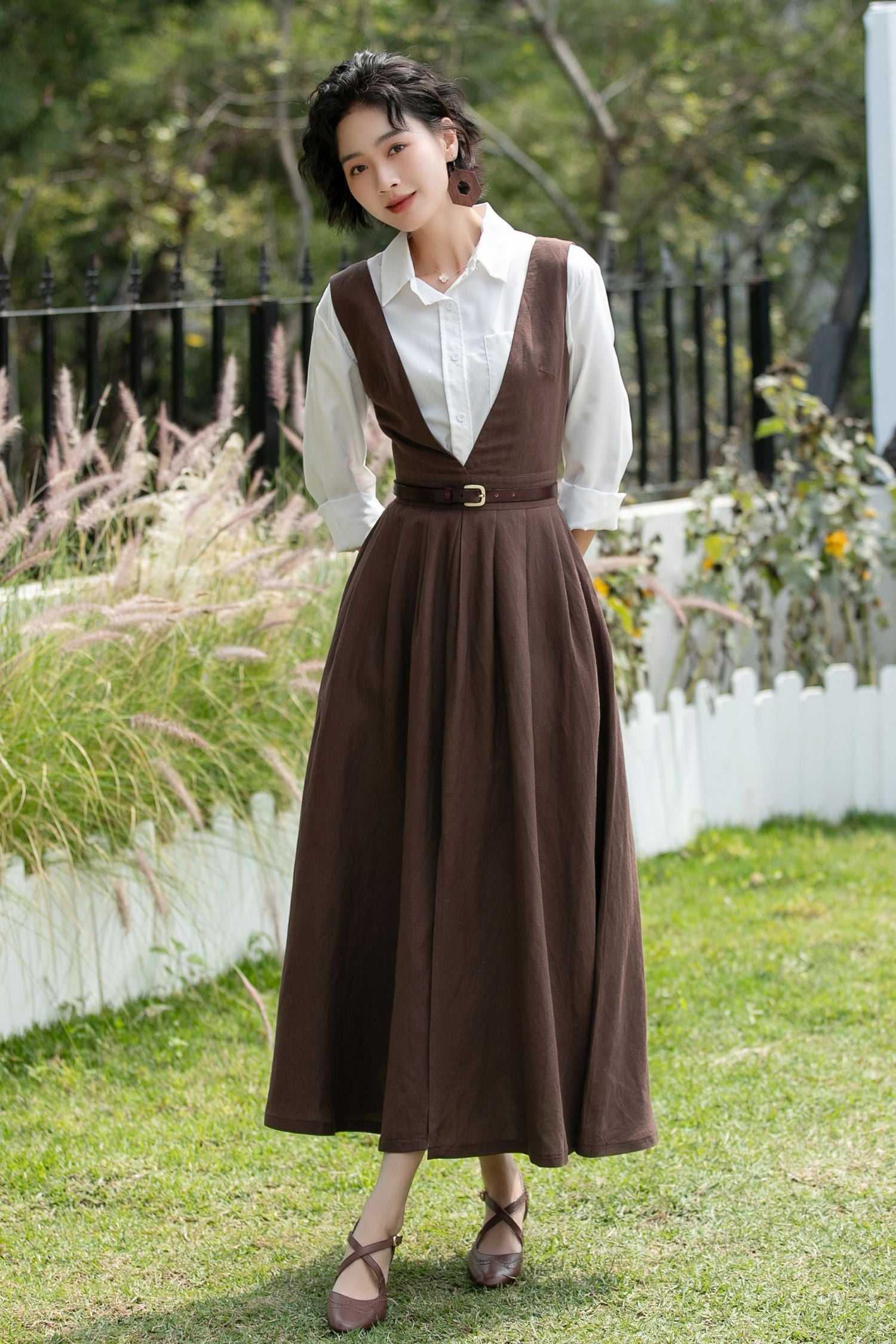 Brown Linen Cotton Pinafore Dress - Deep V Neck | Xiaolizi