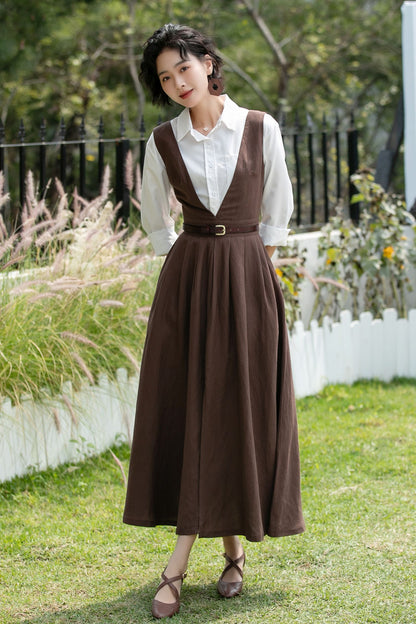 Brown Linen Cotton Pinafore Dress - Deep V Neck | Xiaolizi 6747