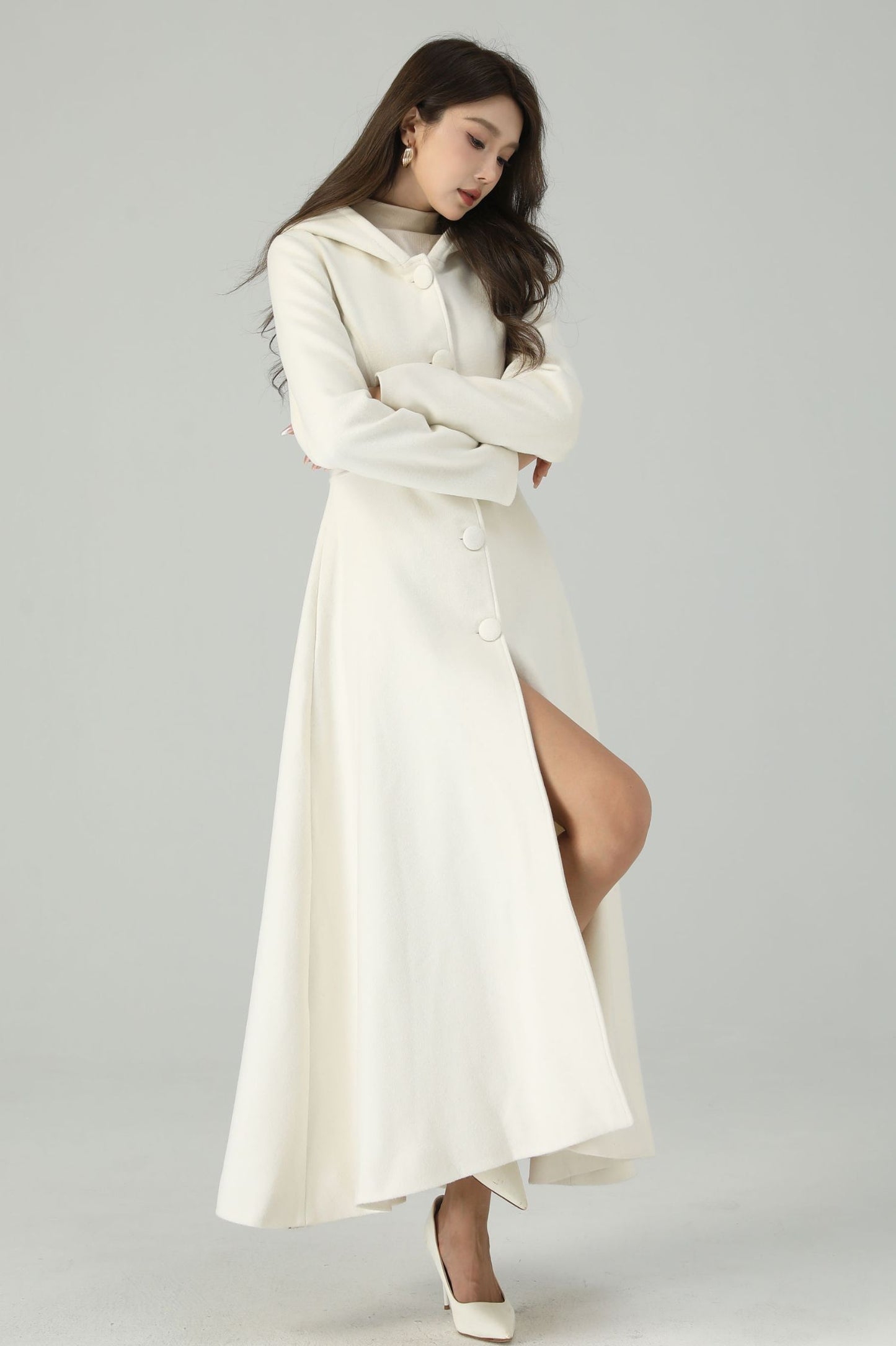 Hooded maxi white wedding wool coat 4519