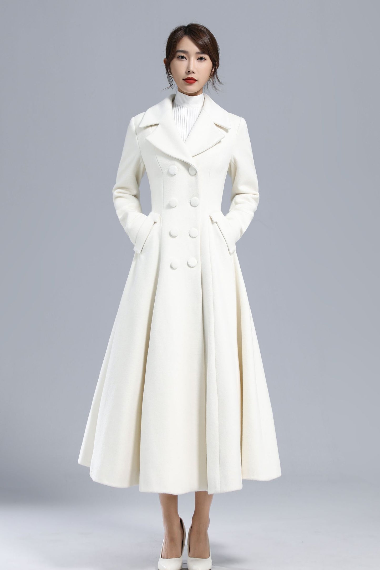 White Double Breasted Long Wool Coat 3235