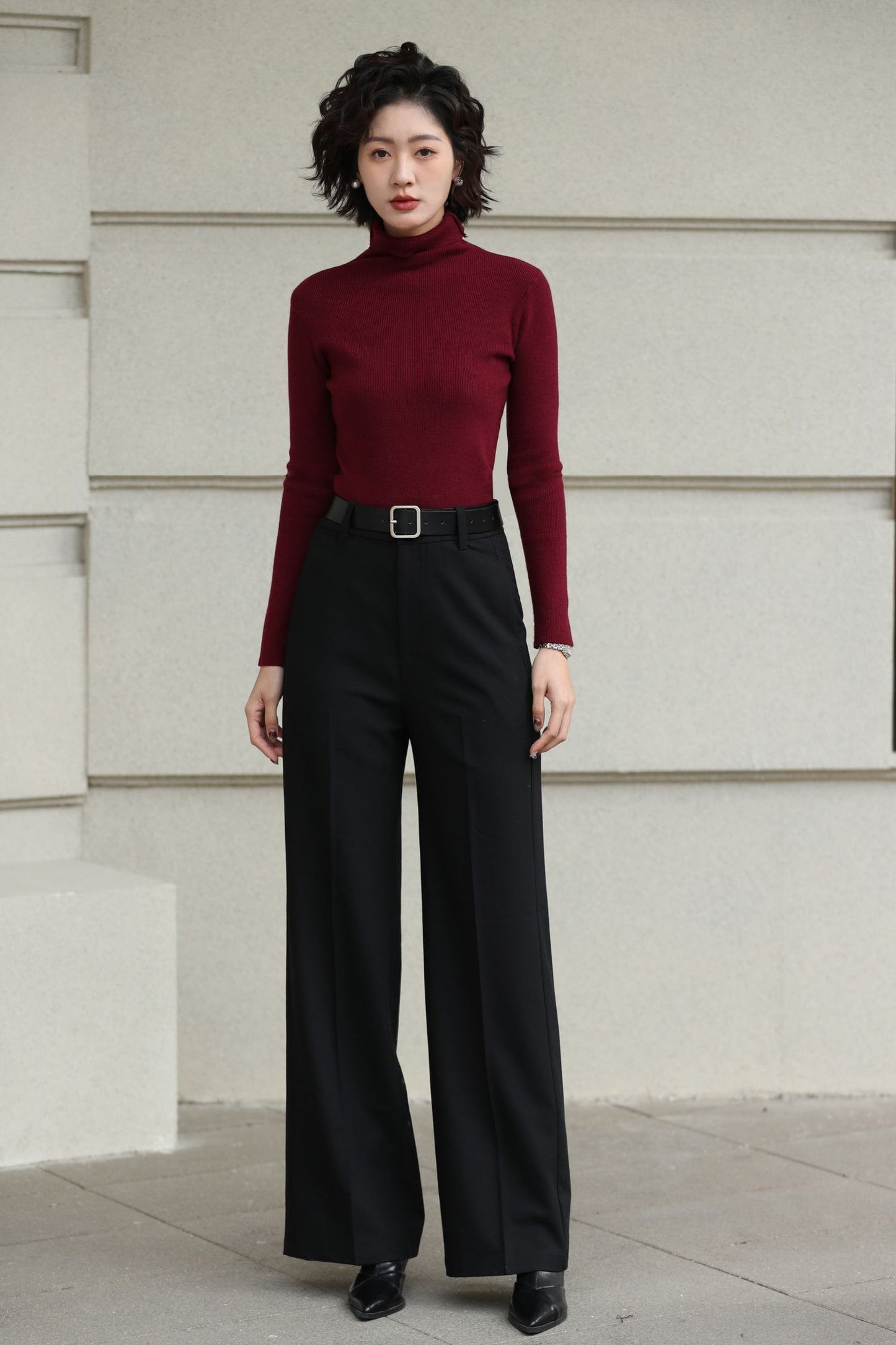 Handmade Vintage Wool Pants – Black High Waist Wide Leg Winter Trousers 6620