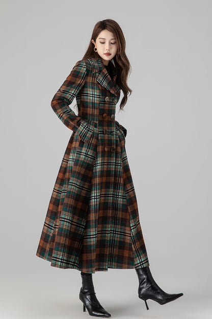 Women’s Wool Fit-and-Flare Long Coat – Double-Breasted Plaid 4510