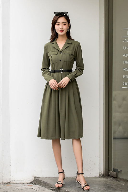 Long sleeves green shirt dress women 2846